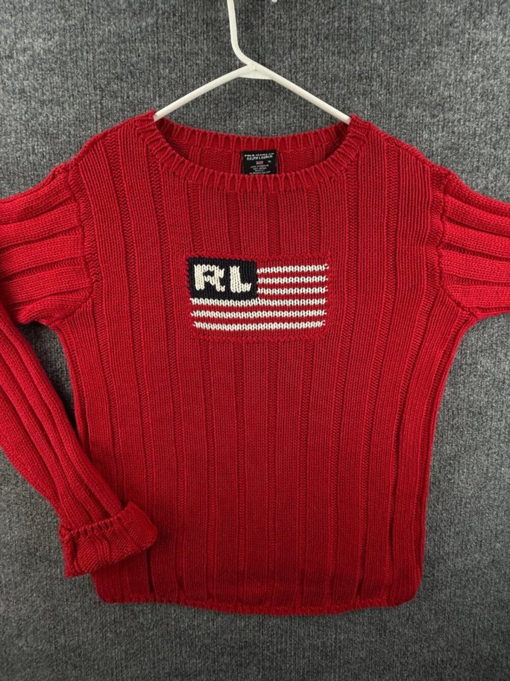 Ralph Lauren USA Flag Polo Jeans Red Logo XL Pullover Sweater Knit Cotton Preppy